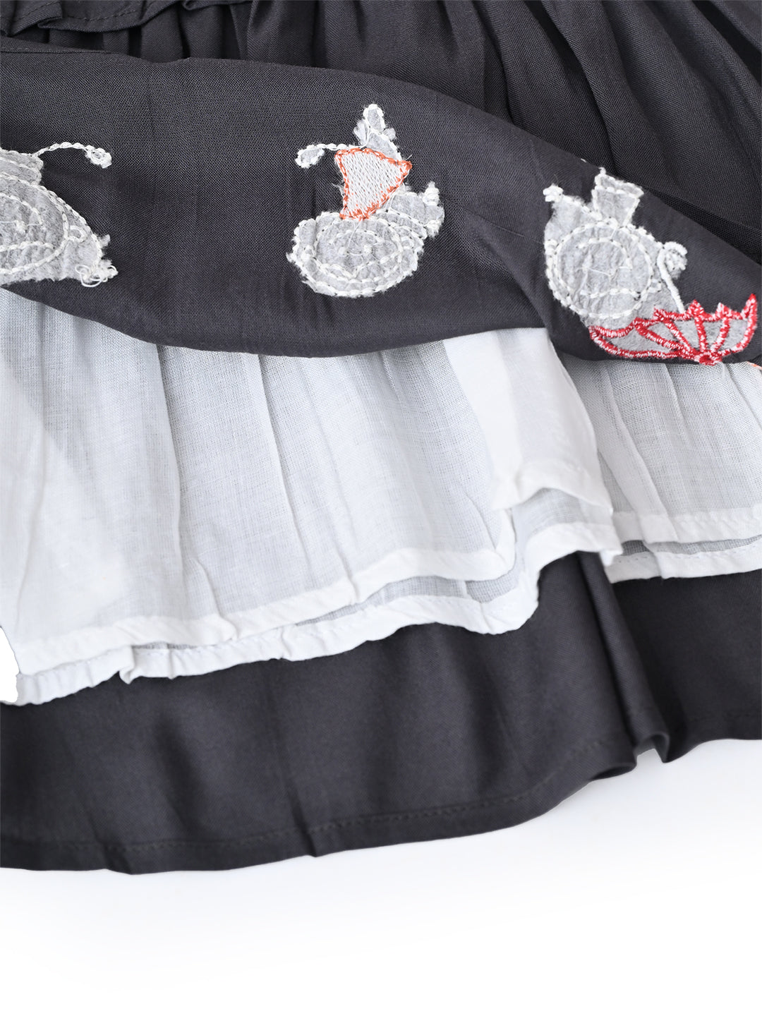 Baby Girls Embroidered Cotton Dress with Full Sleeves & Floral Print - Grey- MADR600L