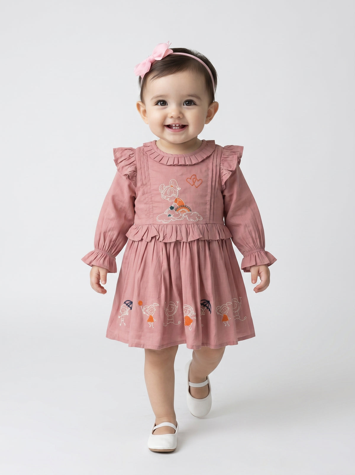 Baby Girls Embroidered Cotton Dress with Full Sleeves & Floral Print - Rust- MADR601L