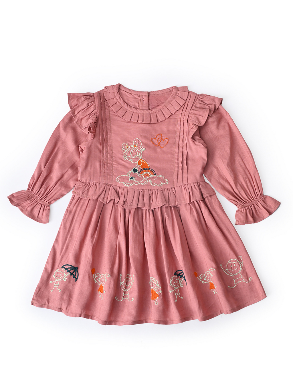 Baby Girls Embroidered Cotton Dress with Full Sleeves & Floral Print - Rust- MADR601L
