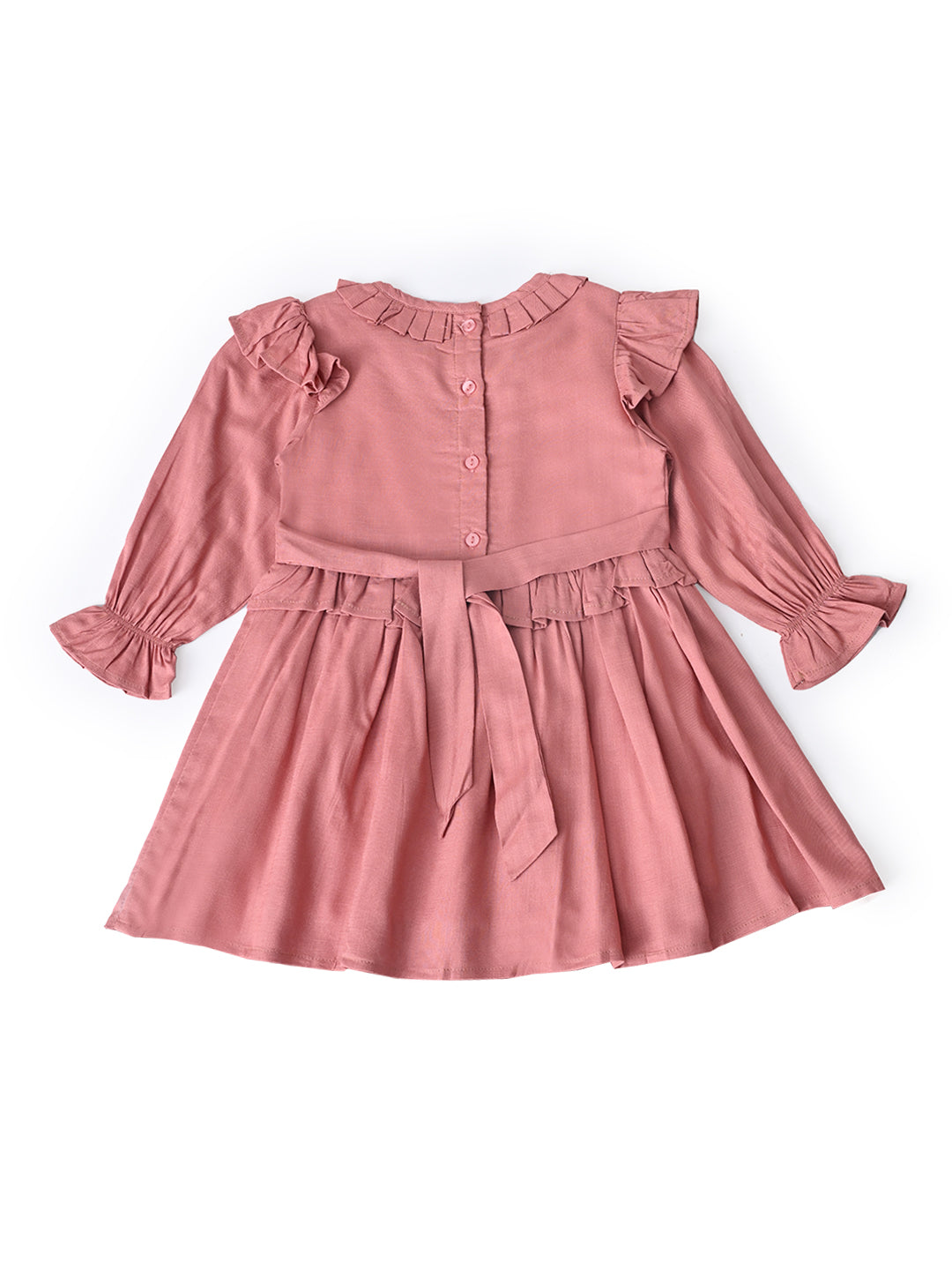 Baby Girls Embroidered Cotton Dress with Full Sleeves & Floral Print - Rust- MADR601L