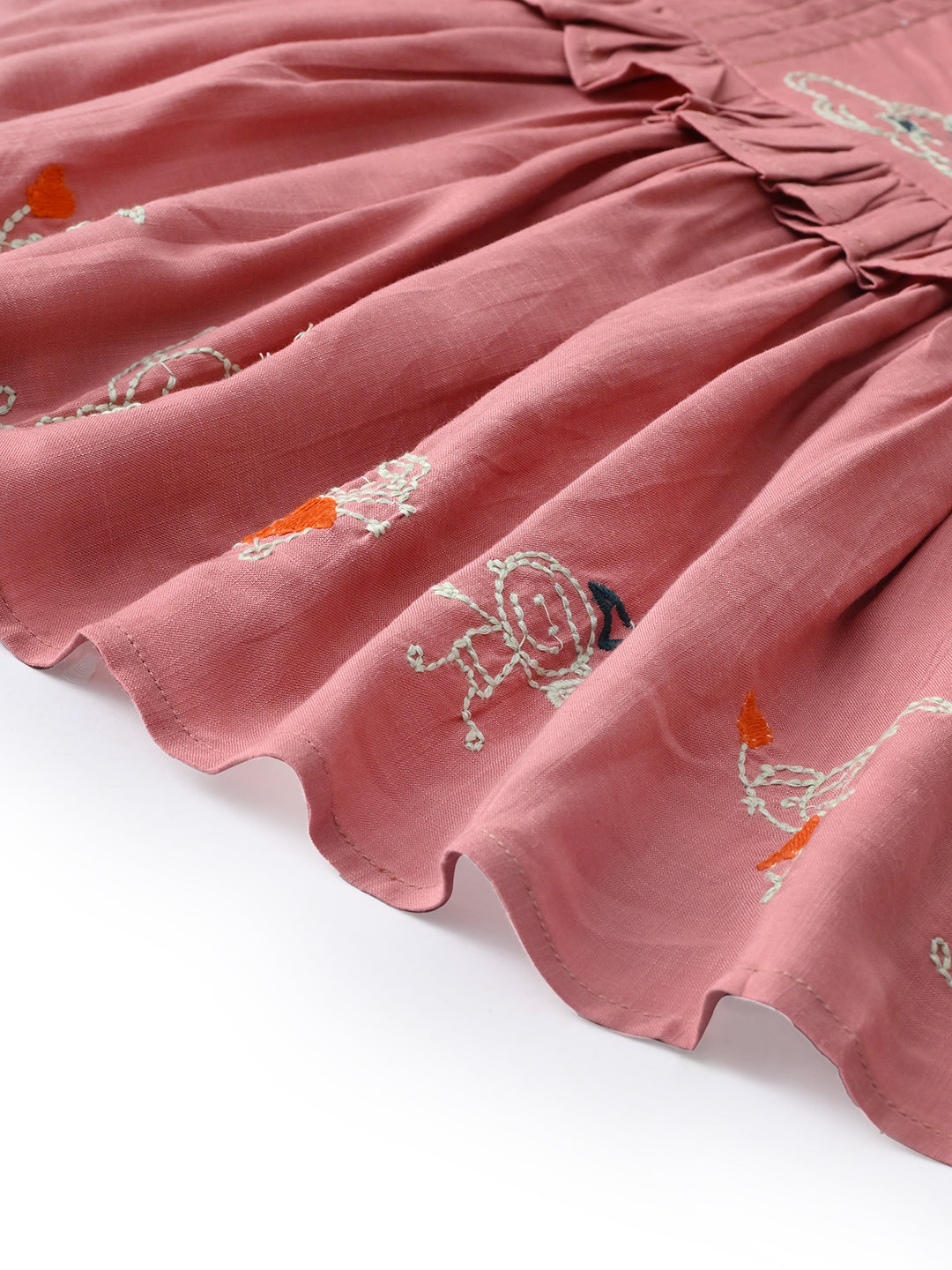 Baby Girls Embroidered Cotton Dress with Full Sleeves & Floral Print - Rust- MADR601L