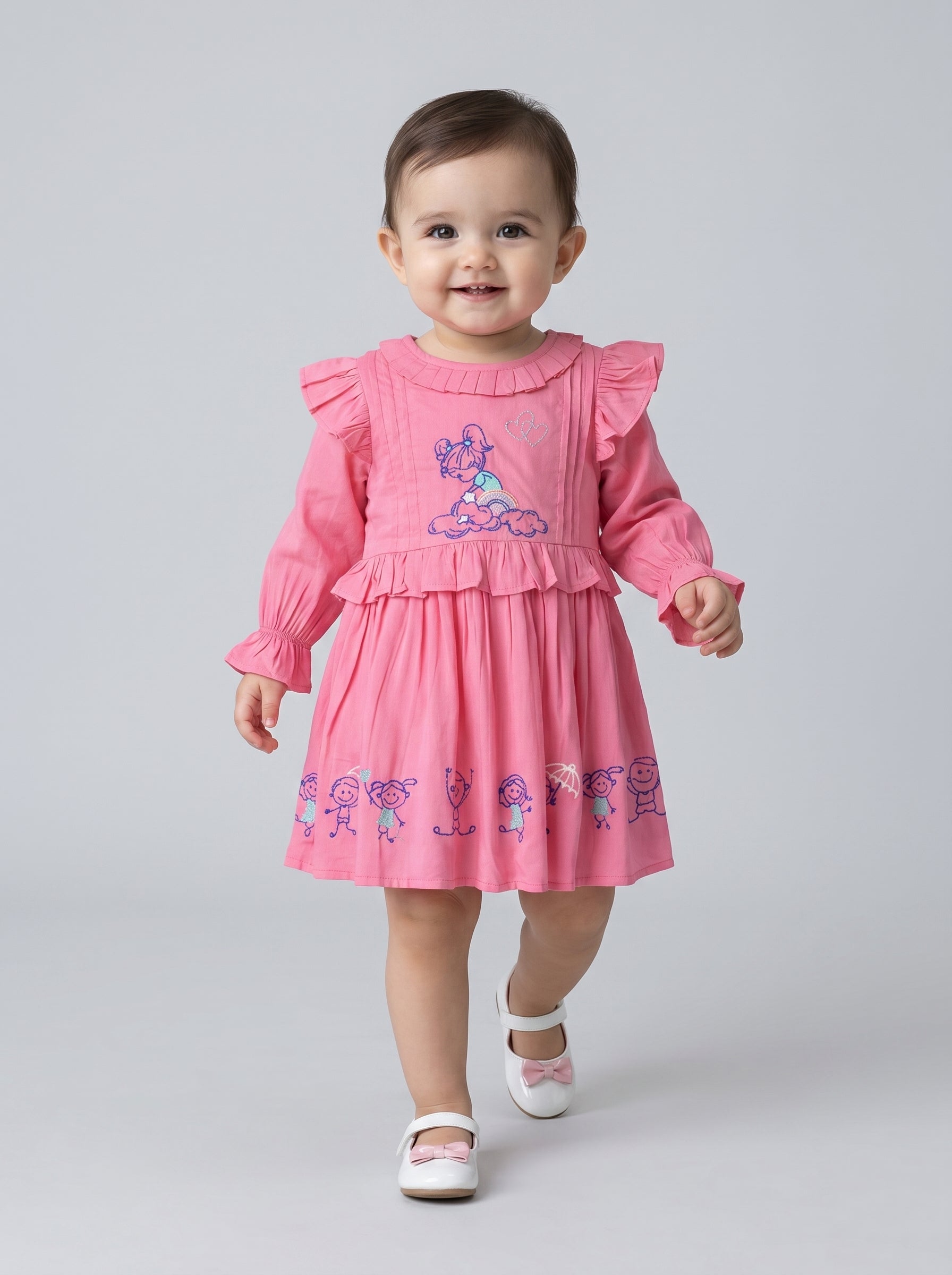 Baby Girls Embroidered Cotton Dress with Full Sleeves & Floral Print - Pink- MADR602L