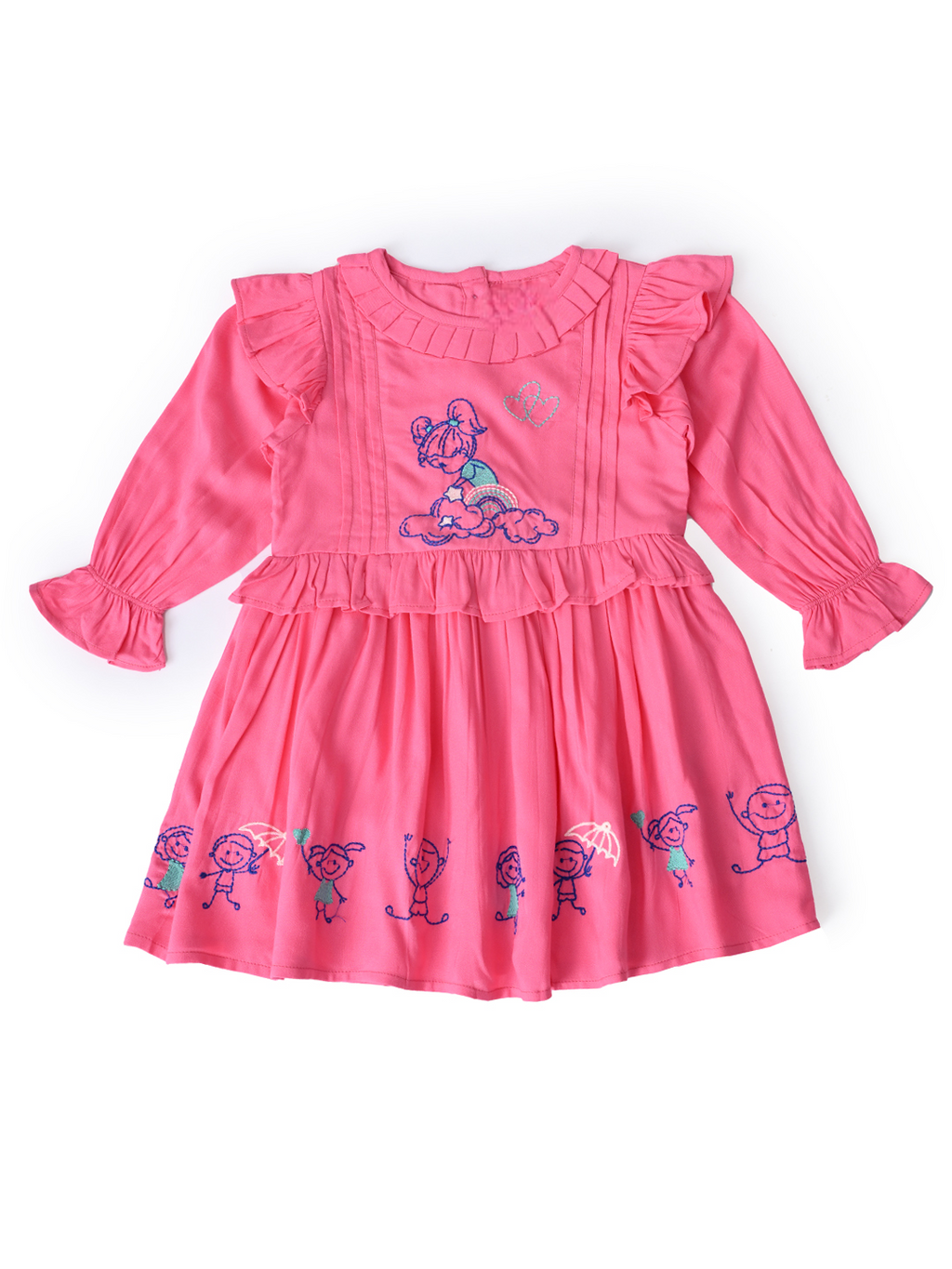 Baby Girls Embroidered Cotton Dress with Full Sleeves & Floral Print - Pink- MADR602L