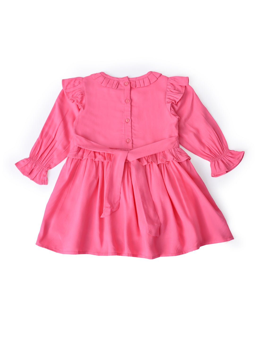 Baby Girls Embroidered Cotton Dress with Full Sleeves & Floral Print - Pink- MADR602L