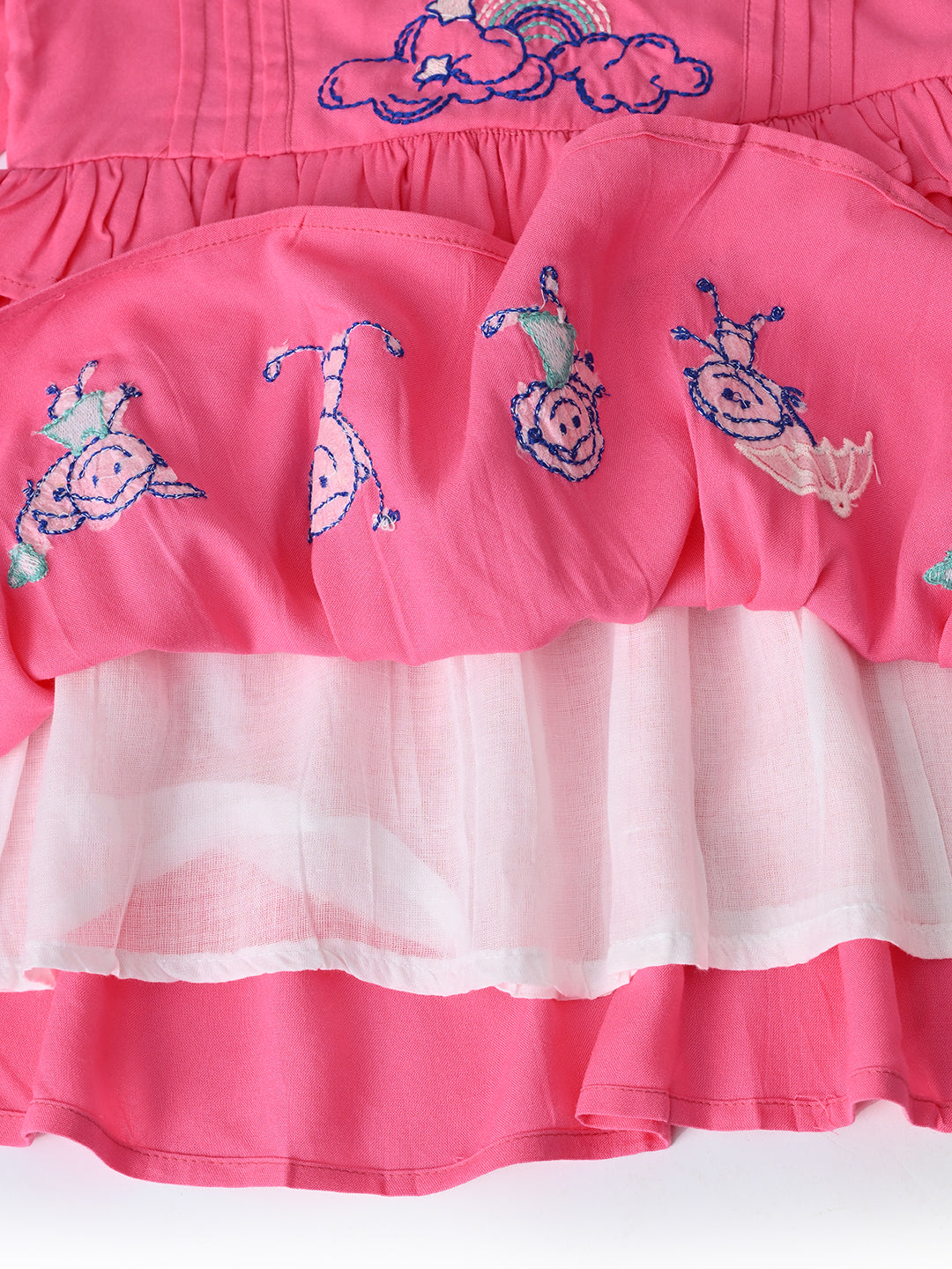 Baby Girls Embroidered Cotton Dress with Full Sleeves & Floral Print - Pink- MADR602L