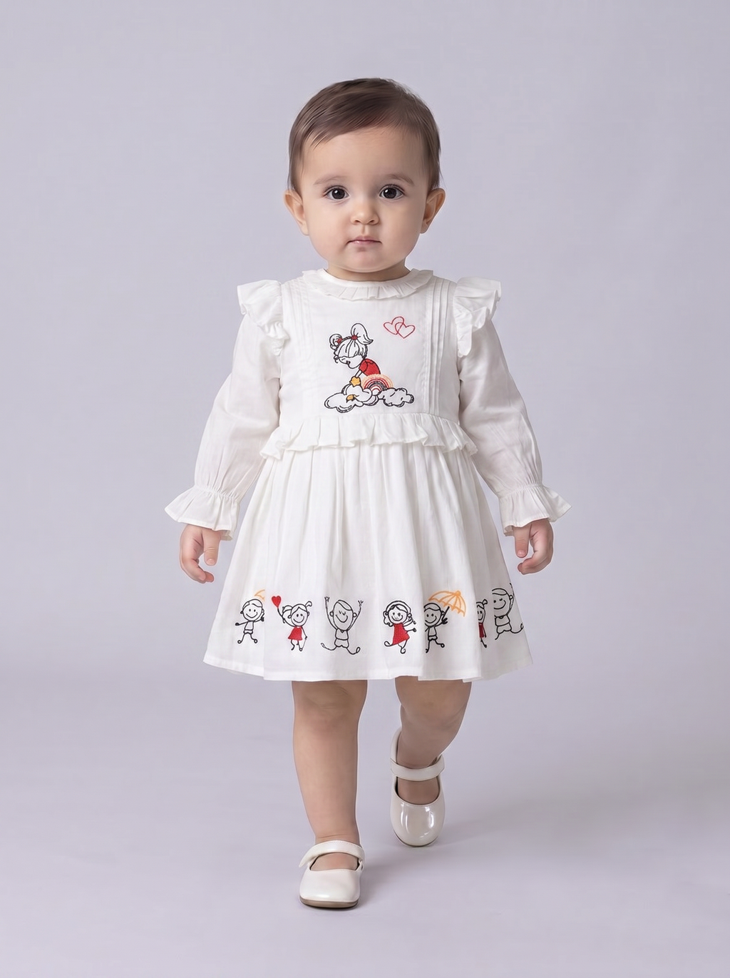 Baby Girls Embroidered Cotton Dress with Full Sleeves & Floral Print - White- MADR603L