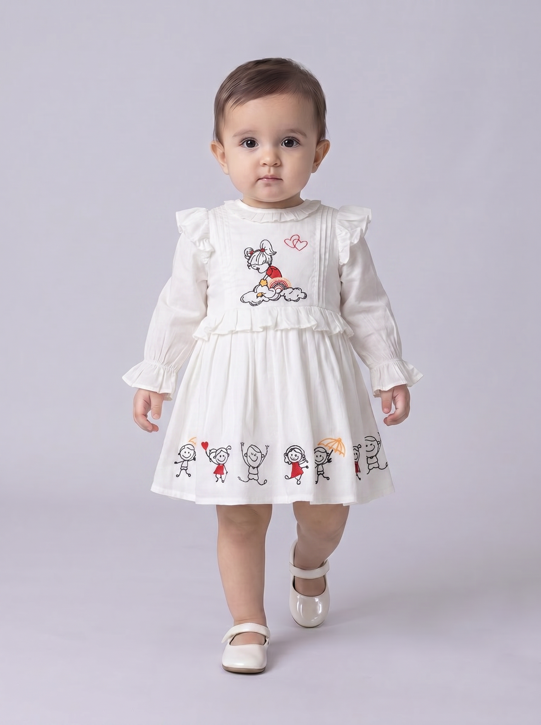 Baby Girls Embroidered Cotton Dress with Full Sleeves & Floral Print - White- MADR603L