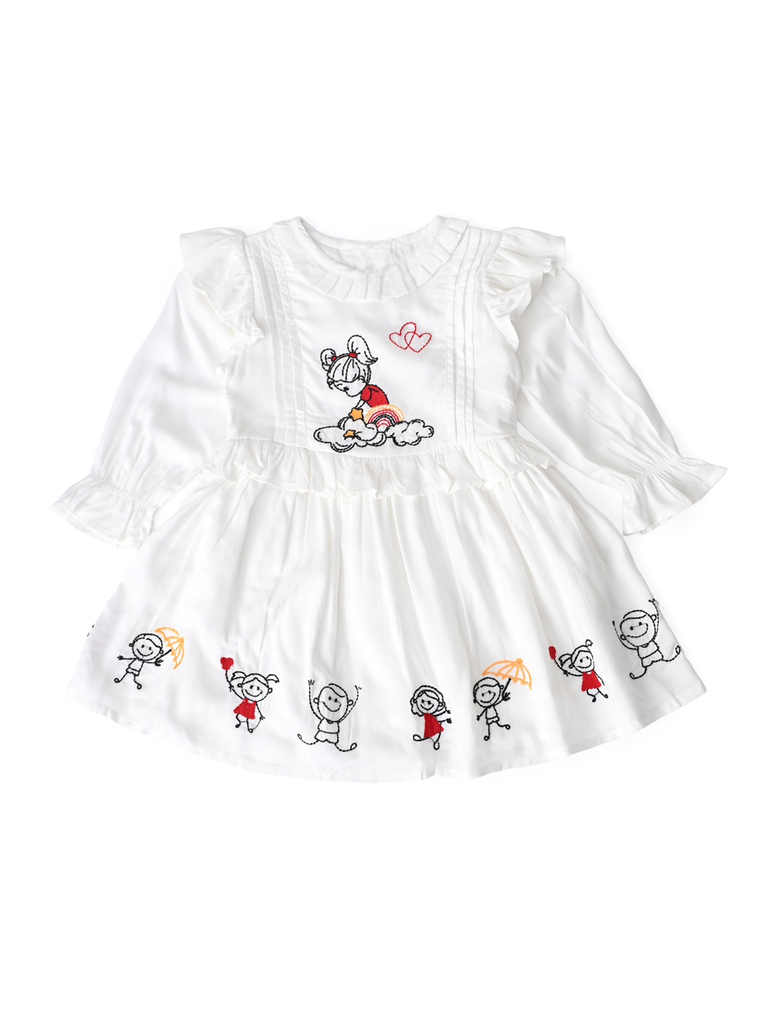 Baby Girls Embroidered Cotton Dress with Full Sleeves & Floral Print - White- MADR603L