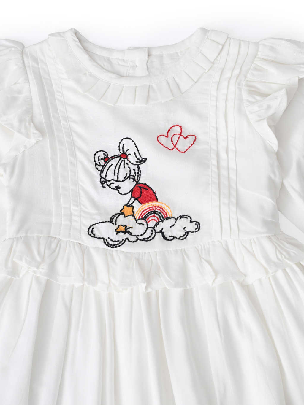 Baby Girls Embroidered Cotton Dress with Full Sleeves & Floral Print - White- MADR603L