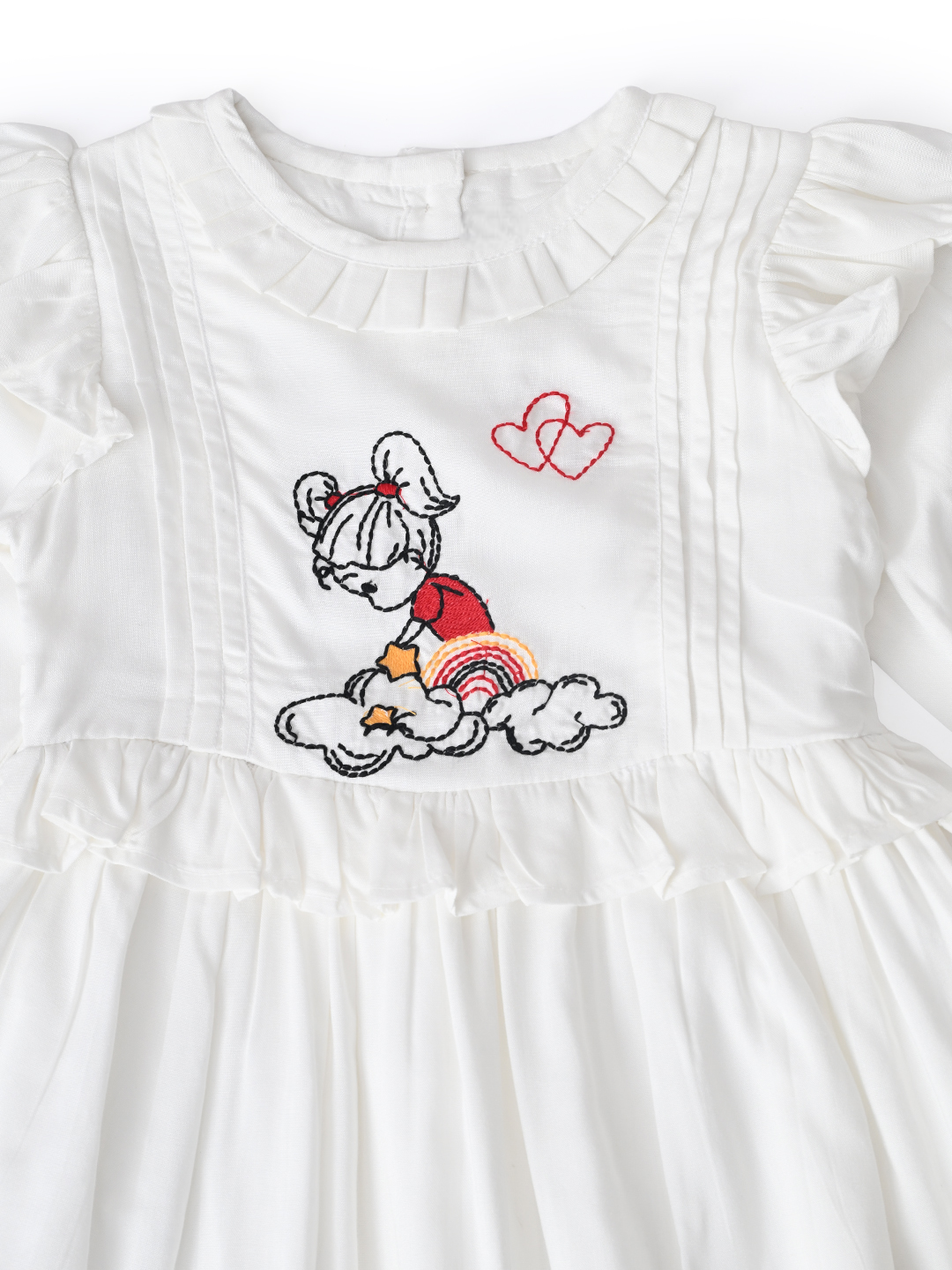 Baby Girls Embroidered Cotton Dress with Full Sleeves & Floral Print - White- MADR603L