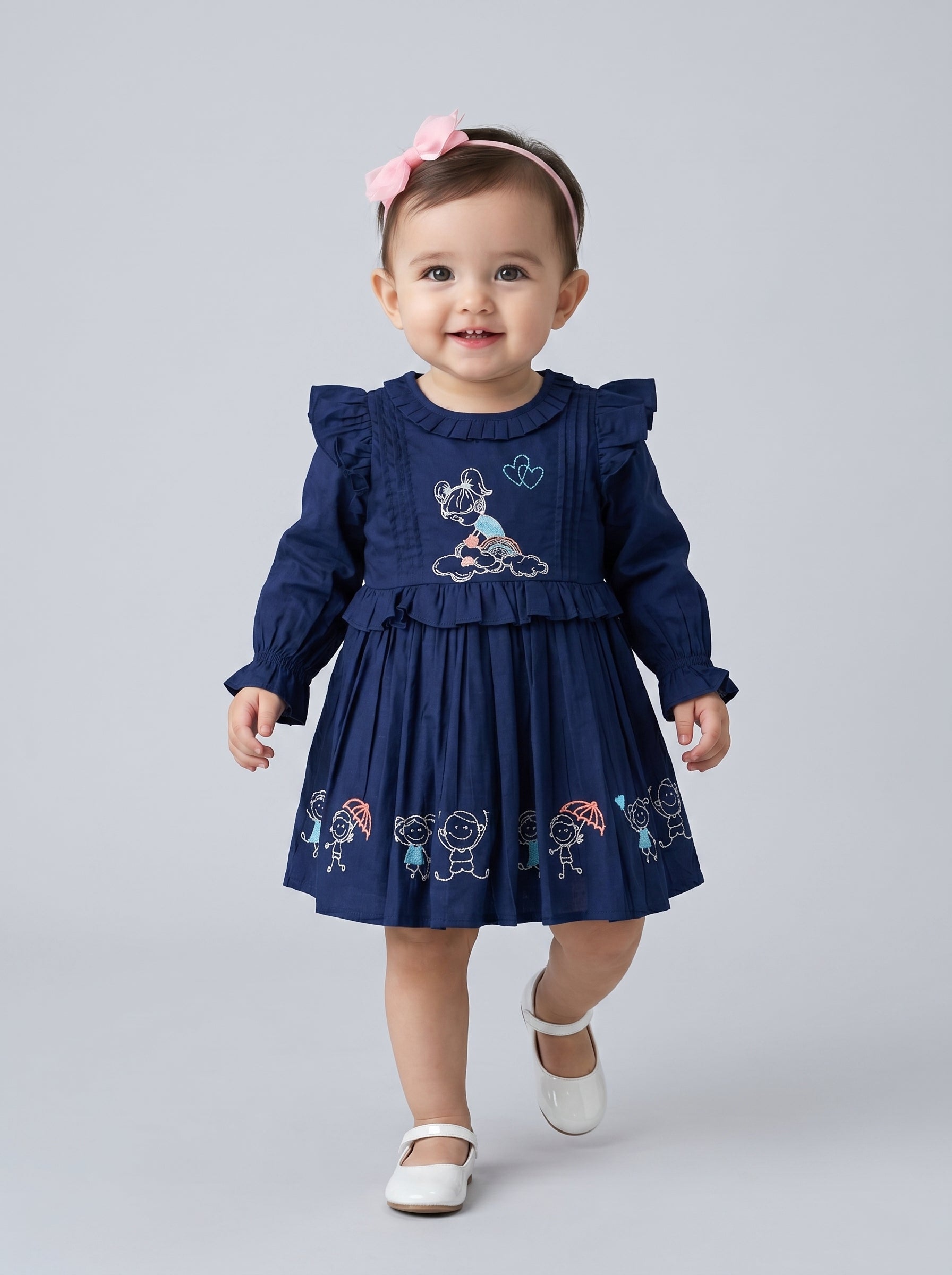 Baby Girls Embroidered Cotton Dress with Full Sleeves & Floral Print - Blue- MADR604L