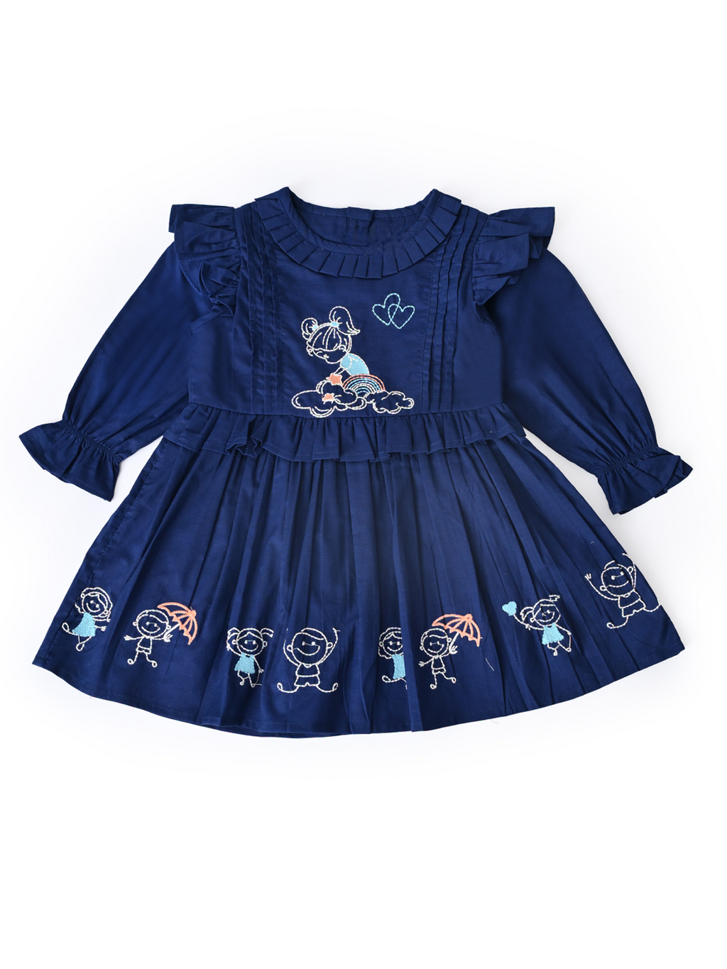Baby Girls Embroidered Cotton Dress with Full Sleeves & Floral Print - Blue- MADR604L