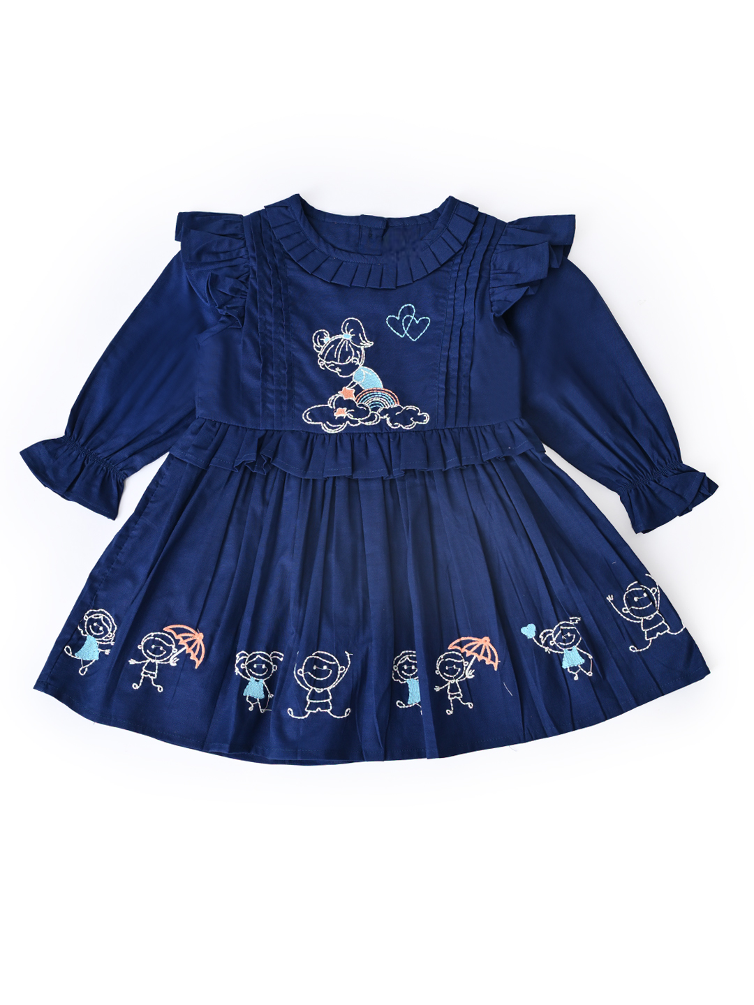 Baby Girls Embroidered Cotton Dress with Full Sleeves & Floral Print - Blue- MADR604L