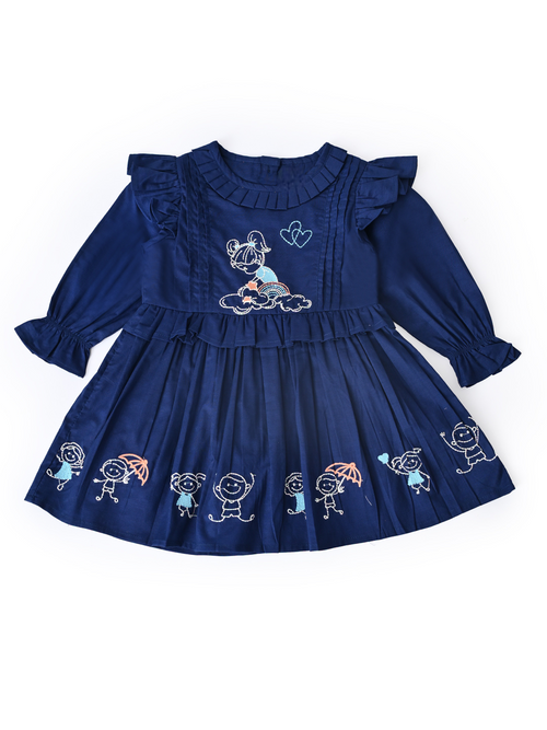 Baby Girls Embroidered Cotton Dress with Full Sleeves & Floral Print - Blue- MADR604L