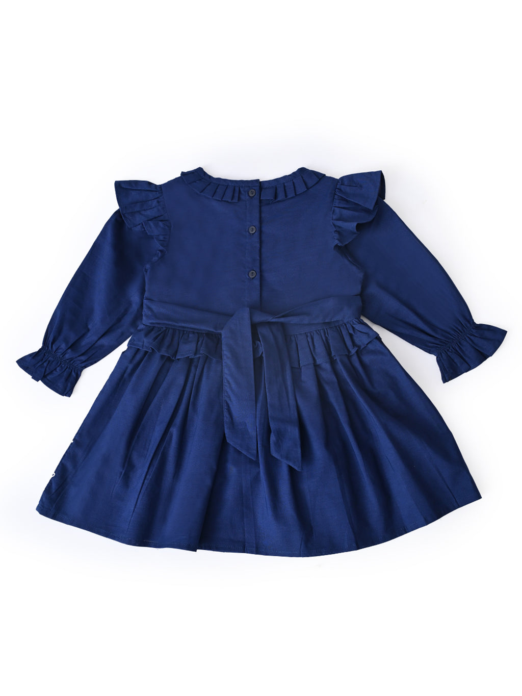 Baby Girls Embroidered Cotton Dress with Full Sleeves & Floral Print - Blue- MADR604L