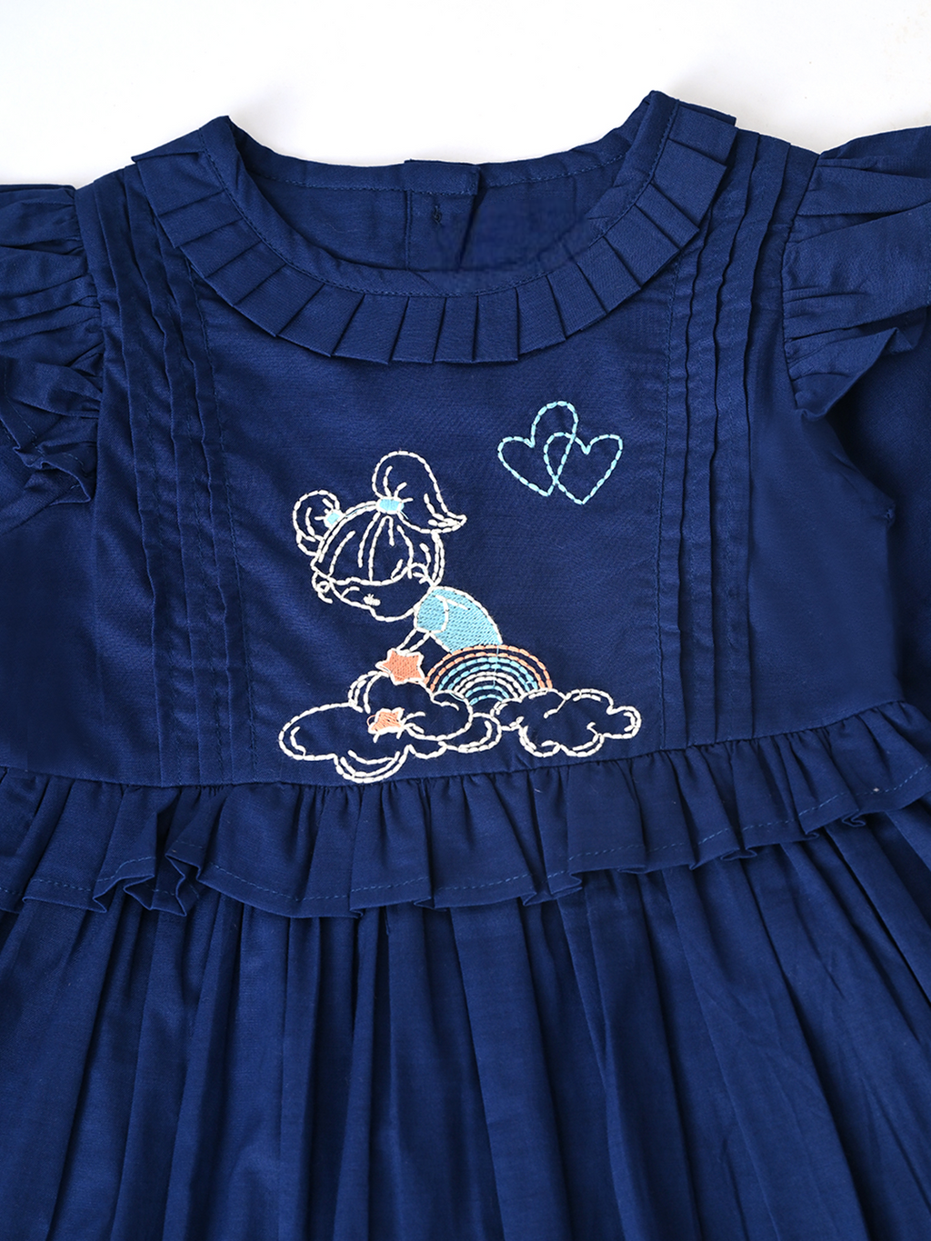 Baby Girls Embroidered Cotton Dress with Full Sleeves & Floral Print - Blue- MADR604L