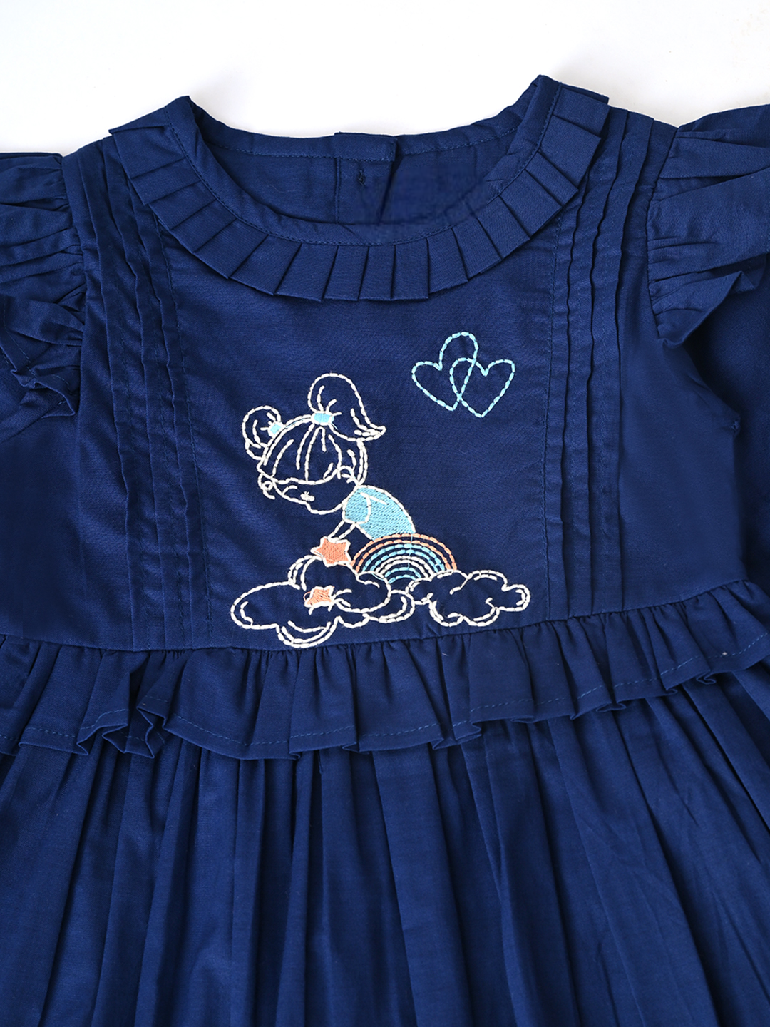 Baby Girls Embroidered Cotton Dress with Full Sleeves & Floral Print - Blue- MADR604L