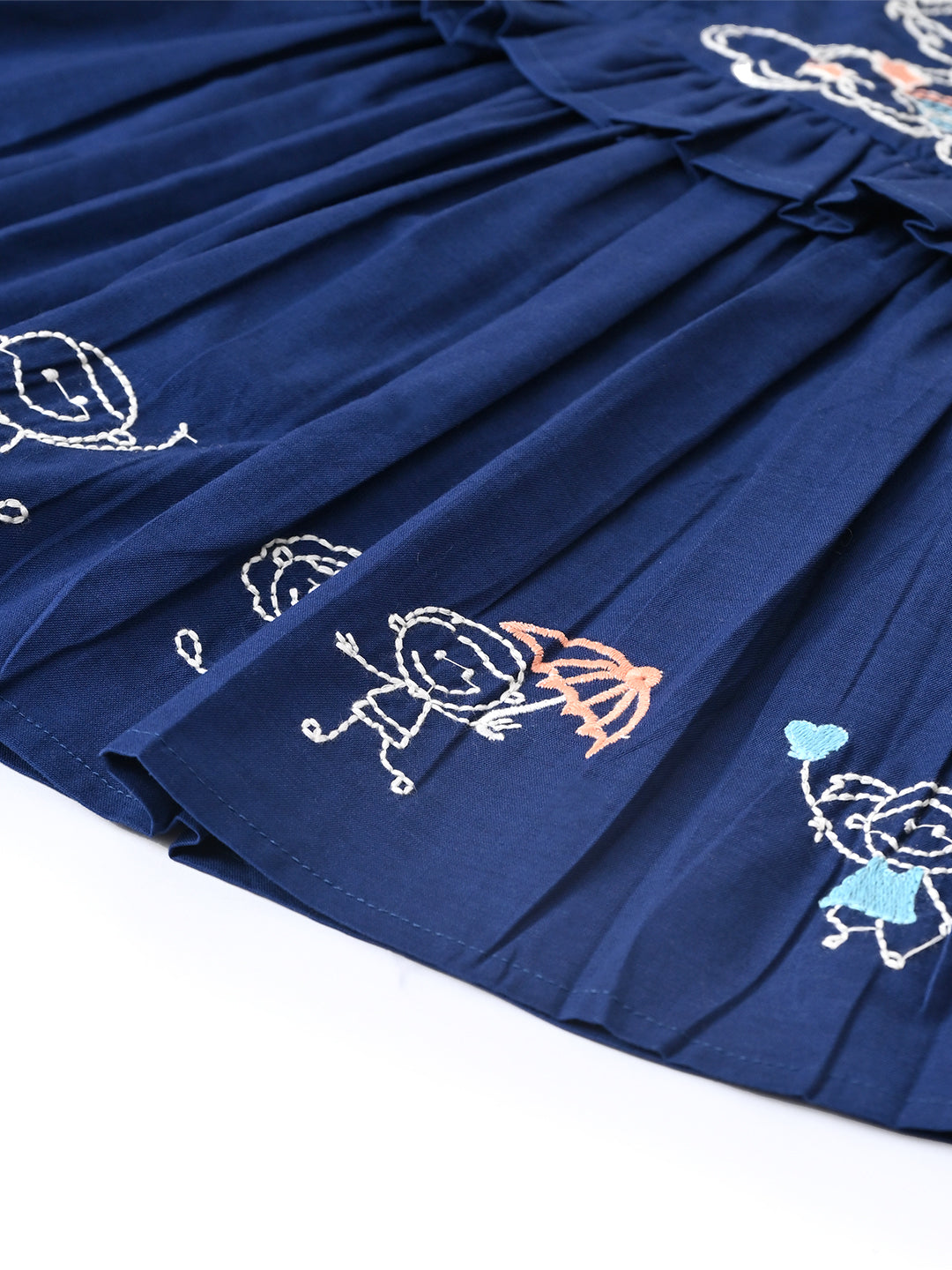 Baby Girls Embroidered Cotton Dress with Full Sleeves & Floral Print - Blue- MADR604L