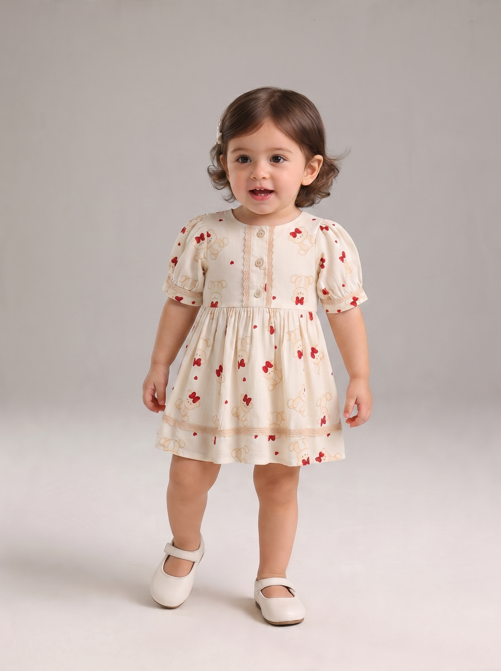 Baby Girls Printed Cotton Woven  Dress with Contrast Lace Detail -Red- MADR612L