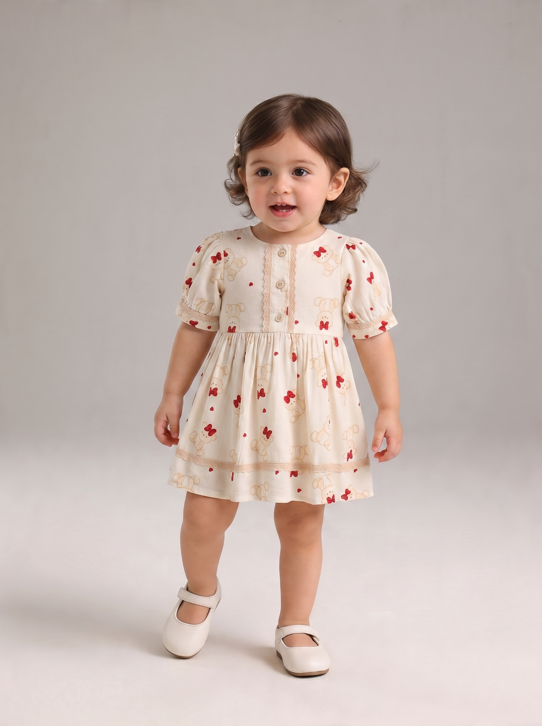 Baby Girls Printed Cotton Woven  Dress with Contrast Lace Detail -Red- MADR612L
