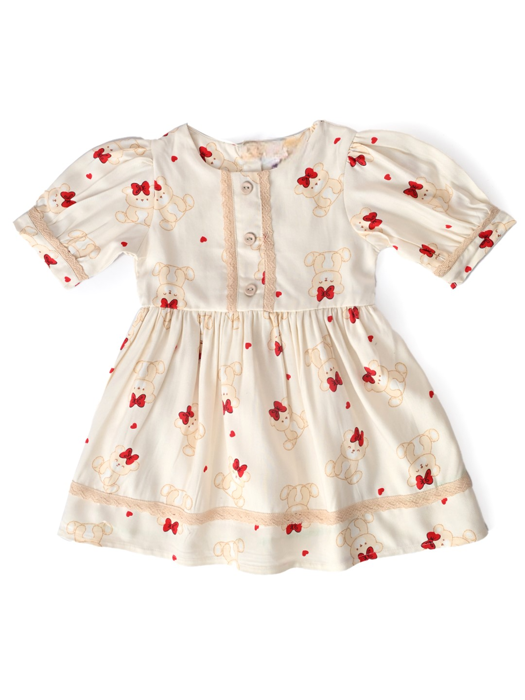 Baby Girls Printed Cotton Woven  Dress with Contrast Lace Detail -Red- MADR612L