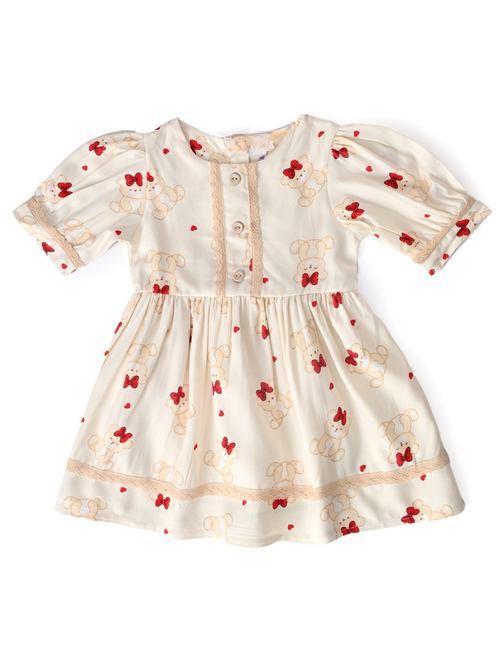 Baby Girls Printed Cotton Woven  Dress with Contrast Lace Detail -Red- MADR612L