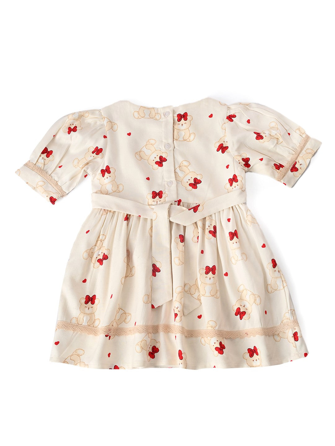 Baby Girls Printed Cotton Woven  Dress with Contrast Lace Detail -Red- MADR612L