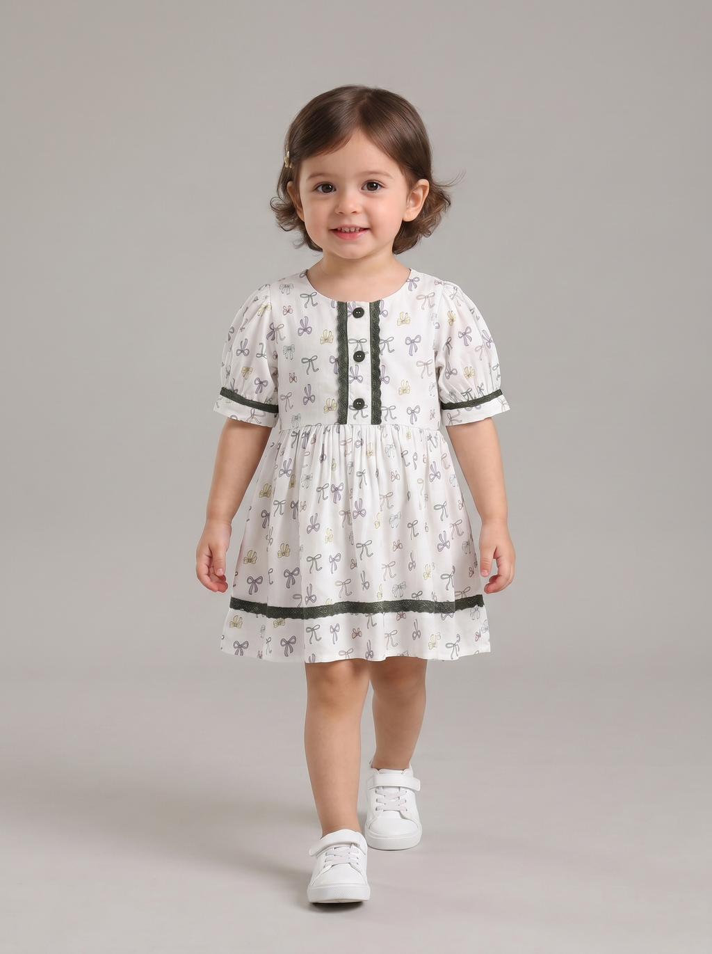Baby Girls Printed Cotton Woven  Dress with Contrast Lace Detail -Green- MADR614L