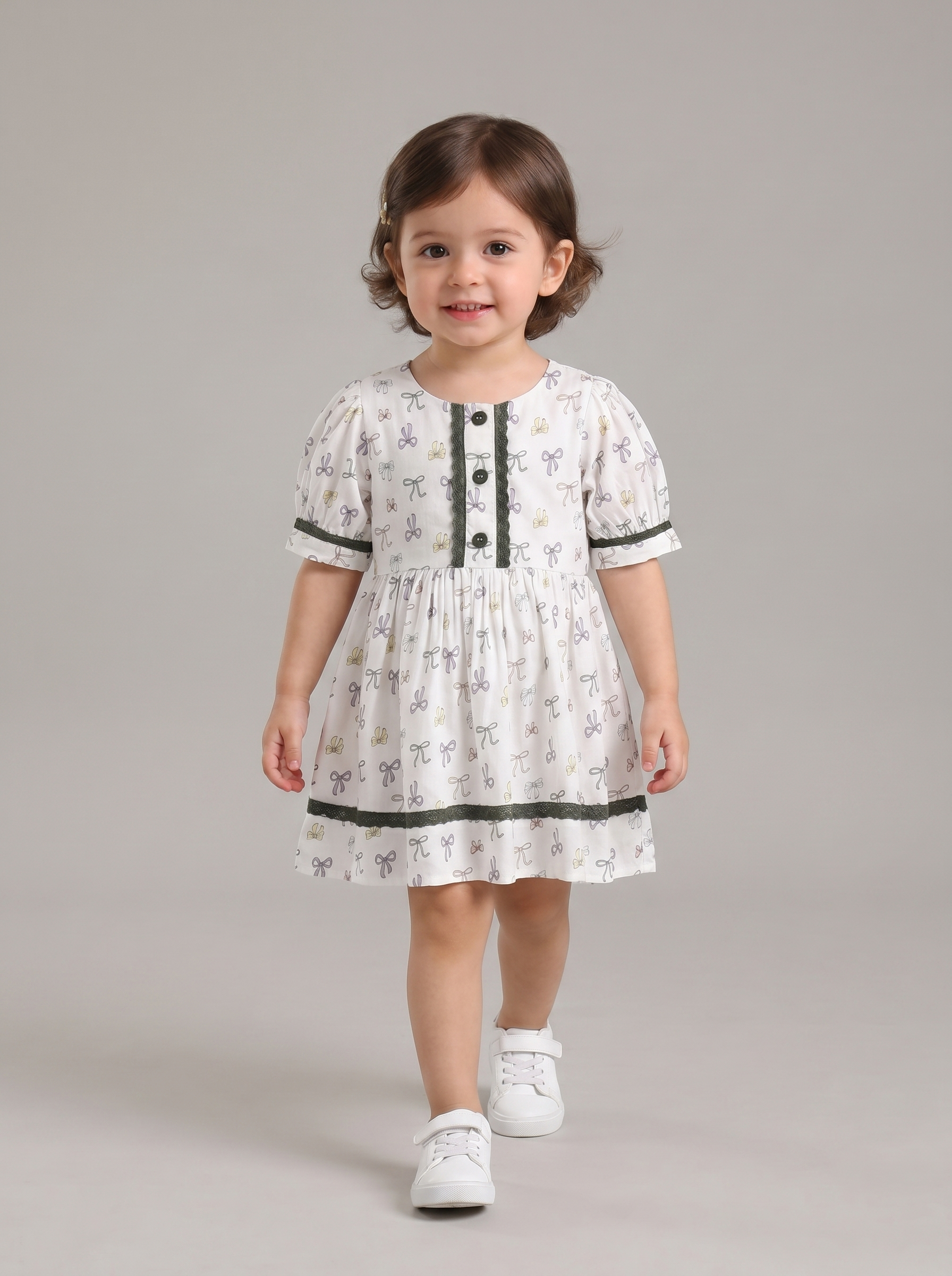 Baby Girls Printed Cotton Woven  Dress with Contrast Lace Detail -Green- MADR614L