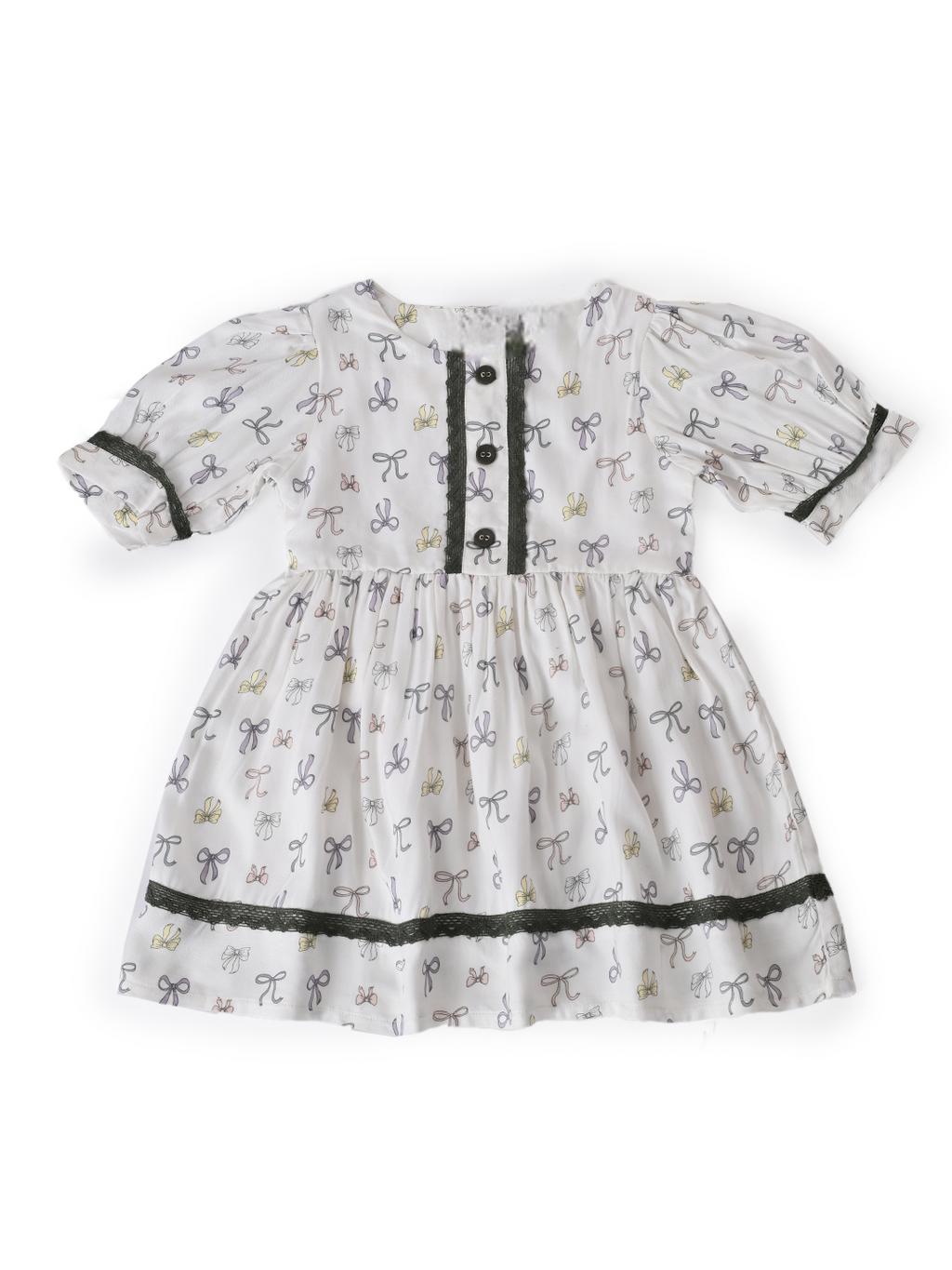 Baby Girls Printed Cotton Woven  Dress with Contrast Lace Detail -Green- MADR614L