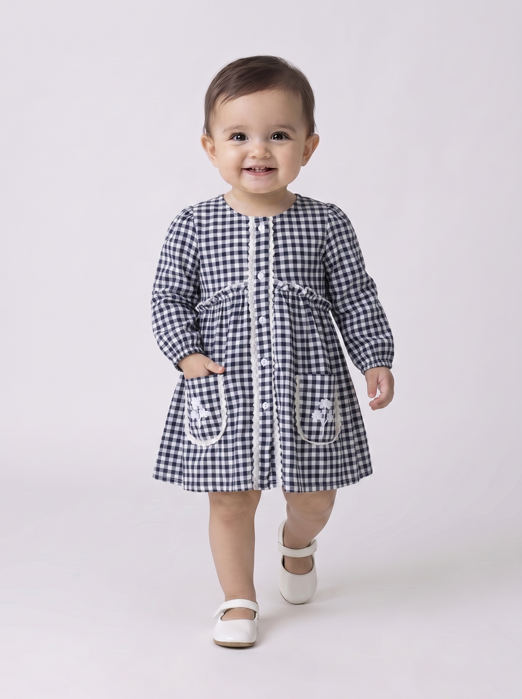 Baby Girls Checked Cotton Dress with Embroidered Pockets - Black- MADR628L