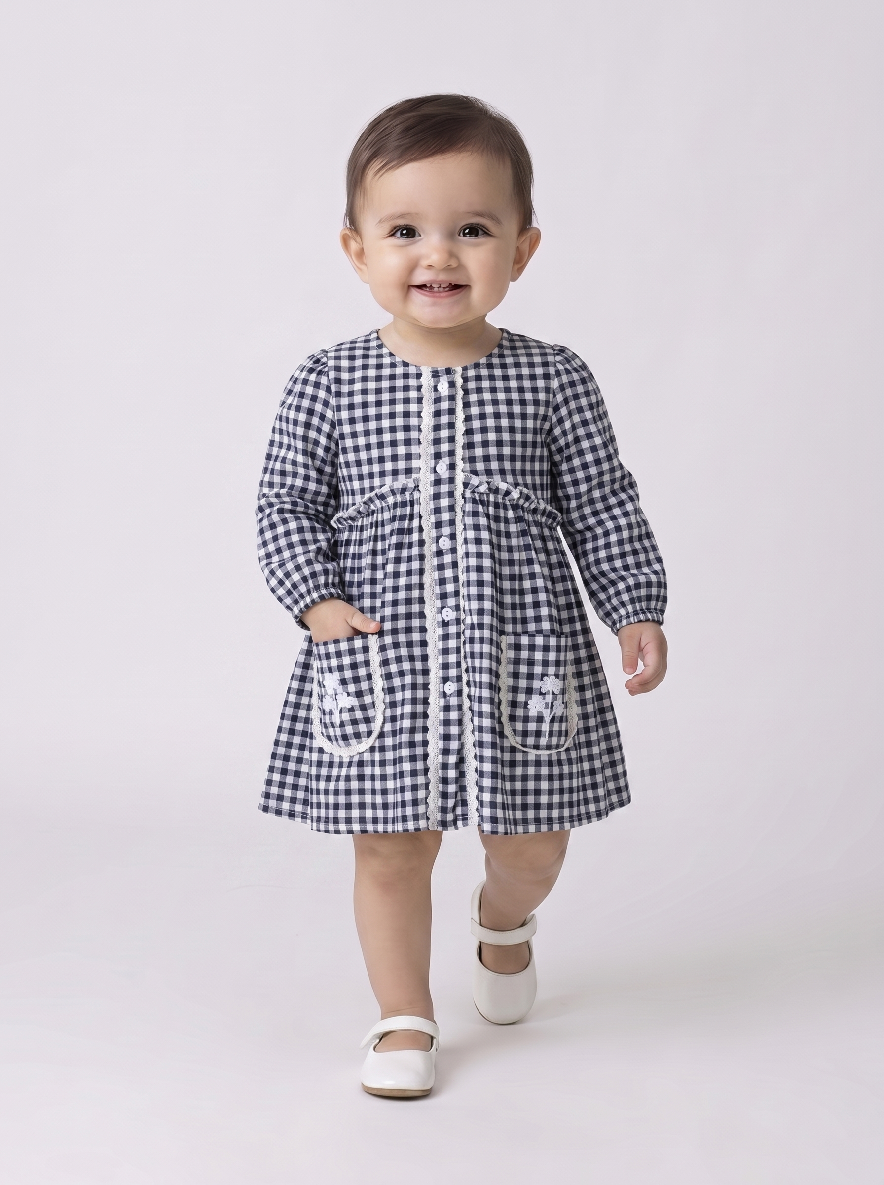 Baby Girls Checked Cotton Dress with Embroidered Pockets - Black- MADR628L