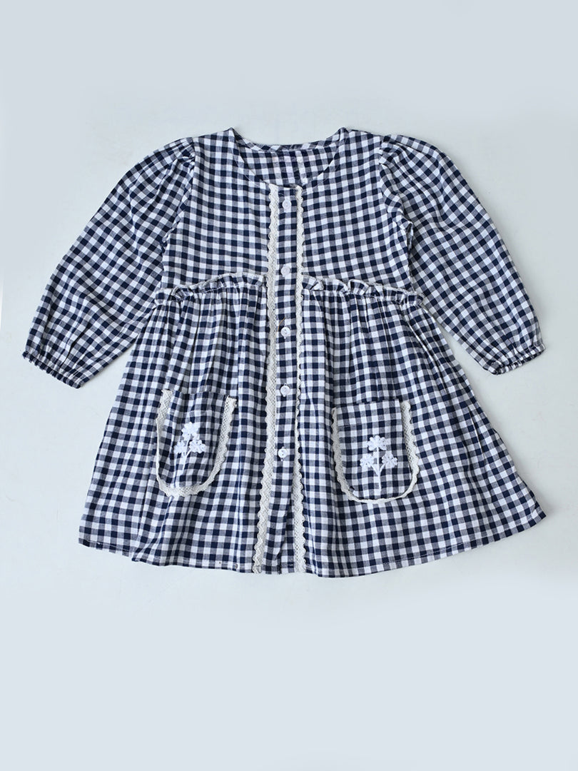 Baby Girls Checked Cotton Dress with Embroidered Pockets - Black- MADR628L
