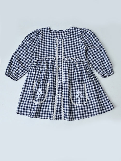 Baby Girls Checked Cotton Dress with Embroidered Pockets - Black- MADR628L