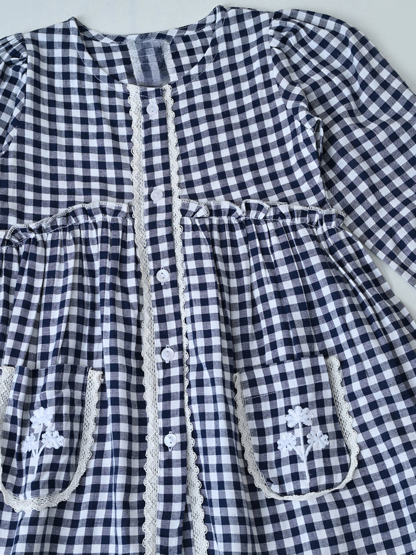 Baby Girls Checked Cotton Dress with Embroidered Pockets - Black- MADR628L