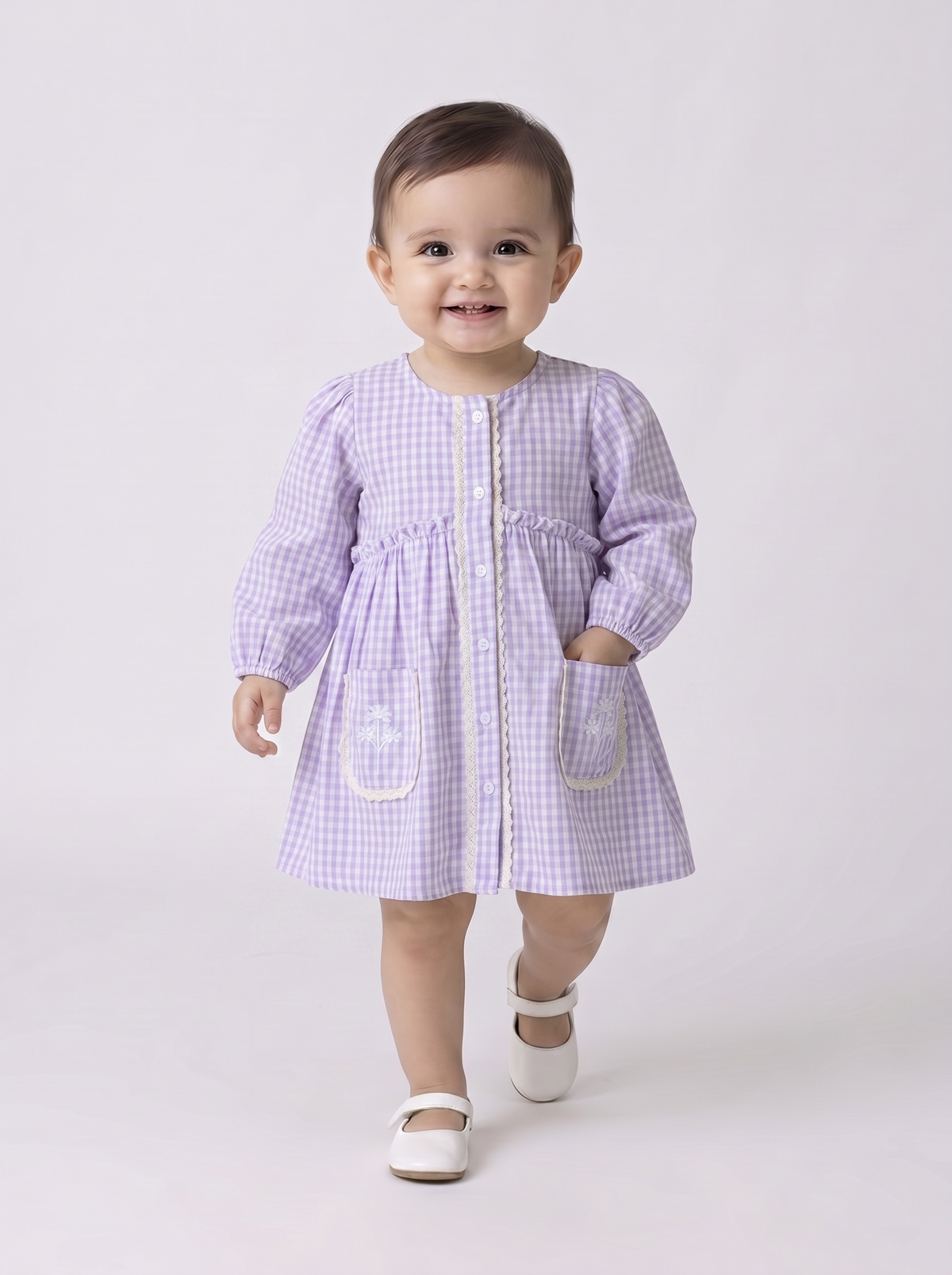 Baby Girls Checked Cotton Dress with Embroidered Pockets - Pink- MADR629L