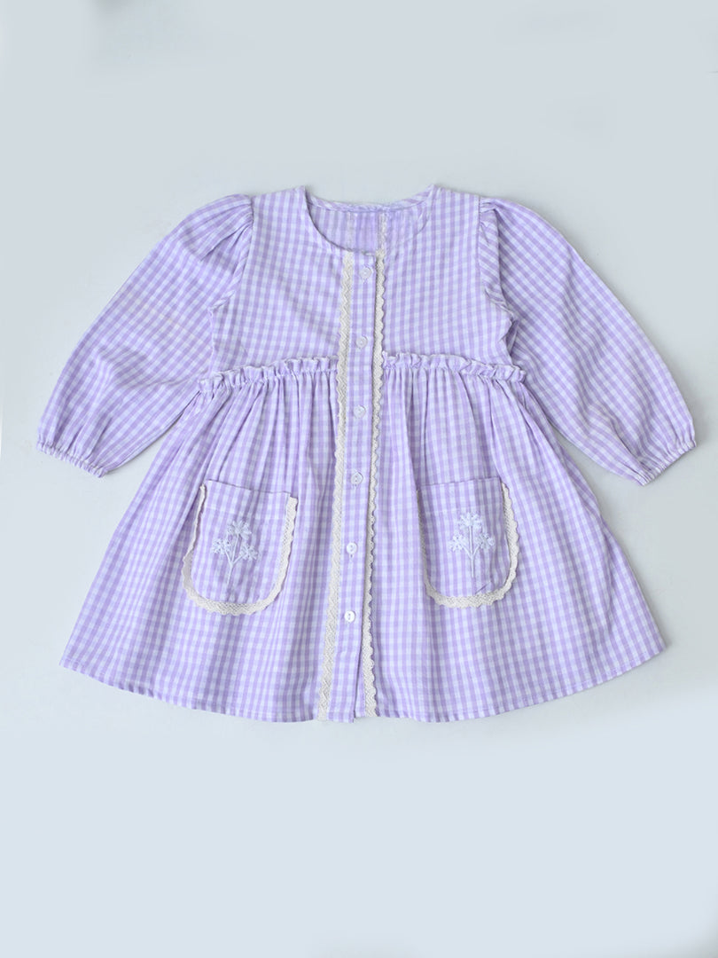 Baby Girls Checked Cotton Dress with Embroidered Pockets - Pink- MADR629L