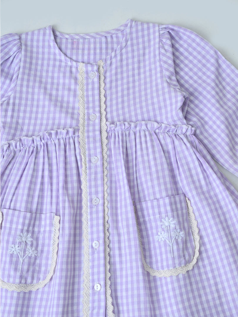 Baby Girls Checked Cotton Dress with Embroidered Pockets - Pink- MADR629L