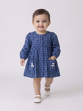 Baby Girls Checked Cotton Dress with Embroidered Pockets - Navy Blue- MADR630L