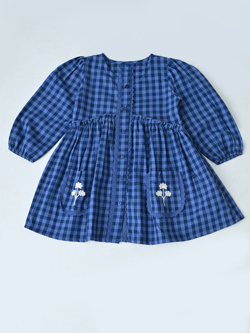 Baby Girls Checked Cotton Dress with Embroidered Pockets - Navy Blue- MADR630L
