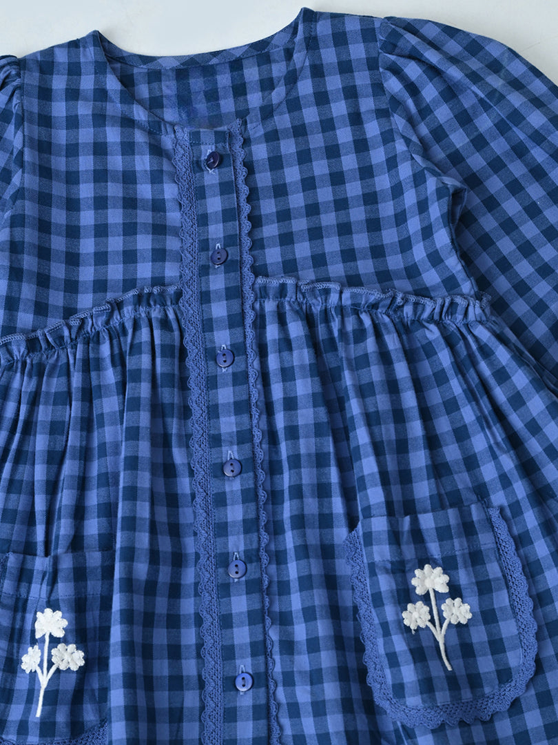Baby Girls Checked Cotton Dress with Embroidered Pockets - Navy Blue- MADR630L