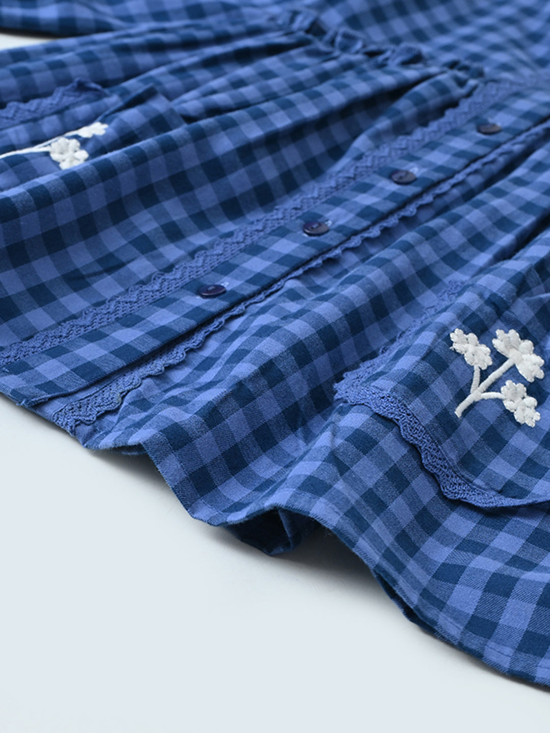 Baby Girls Checked Cotton Dress with Embroidered Pockets - Navy Blue- MADR630L