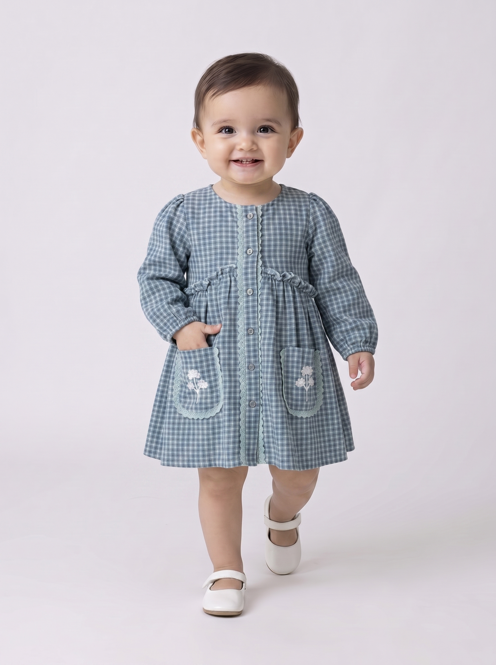 Baby Girls Checked Cotton Dress with Embroidered Pockets - Grey- MADR631L