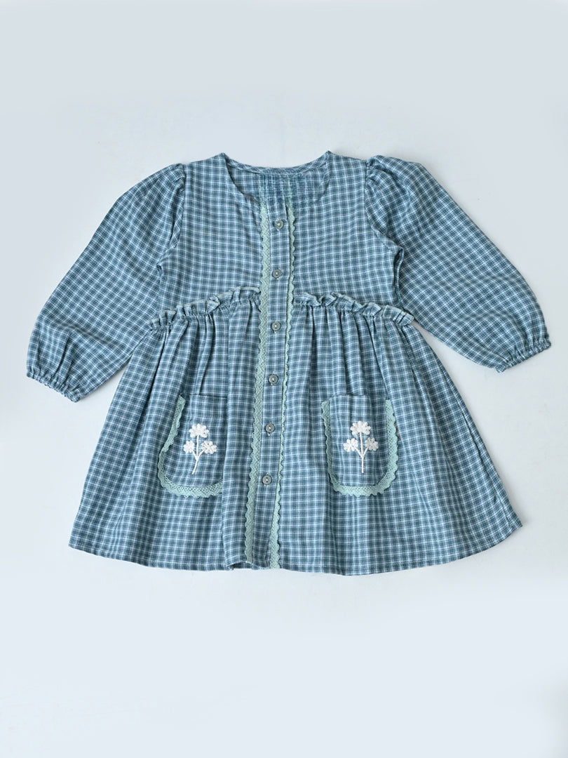 Baby Girls Checked Cotton Dress with Embroidered Pockets - Grey- MADR631L