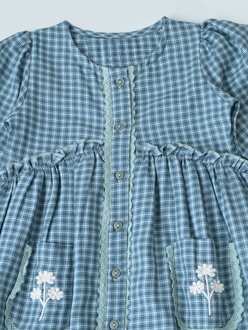 Baby Girls Checked Cotton Dress with Embroidered Pockets - Grey- MADR631L