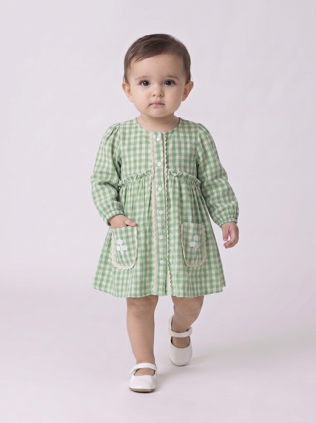 Baby Girls Checked Cotton Dress with Embroidered Pockets - Green- MADR632L