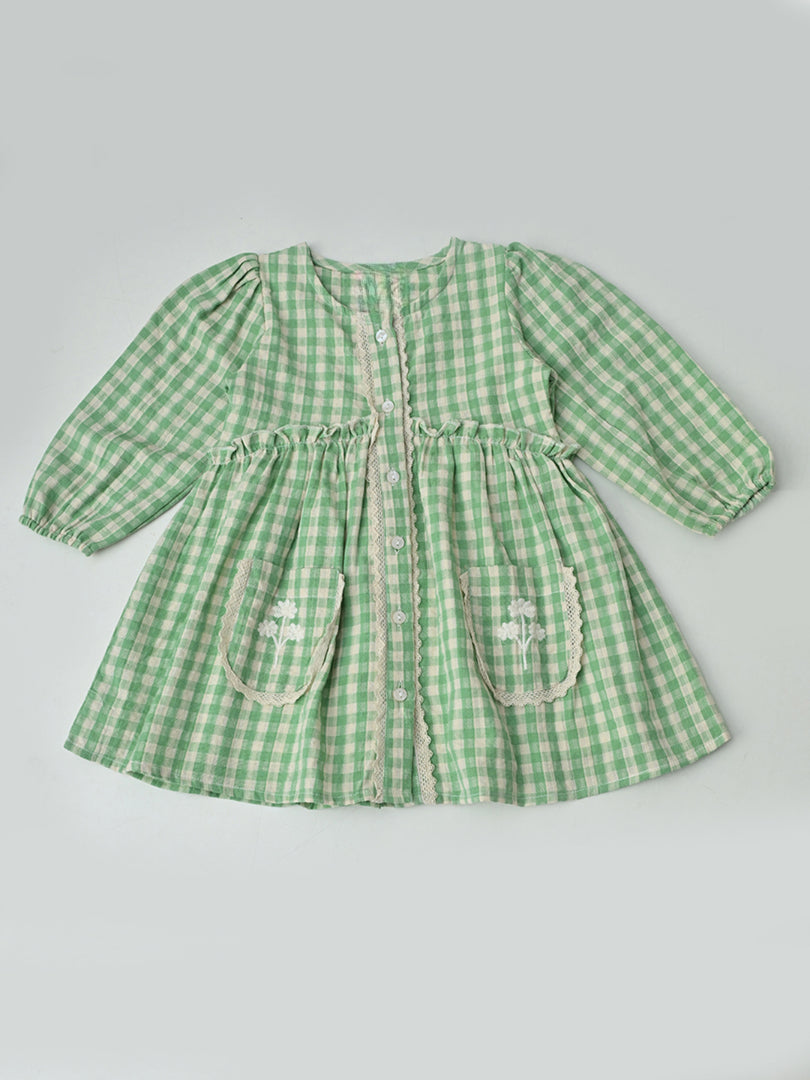 Baby Girls Checked Cotton Dress with Embroidered Pockets - Green- MADR632L