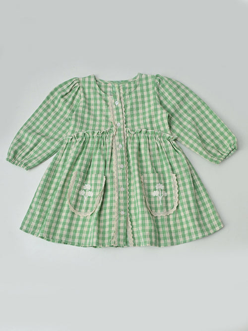 Baby Girls Checked Cotton Dress with Embroidered Pockets - Green- MADR632L