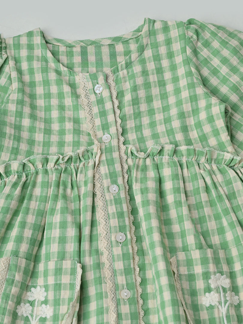 Baby Girls Checked Cotton Dress with Embroidered Pockets - Green- MADR632L