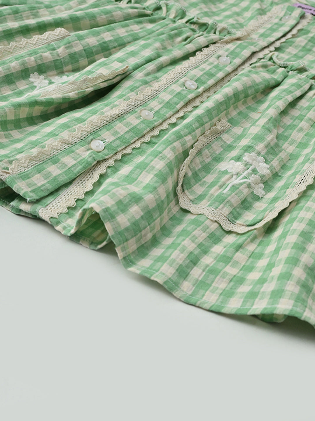 Baby Girls Checked Cotton Dress with Embroidered Pockets - Green- MADR632L